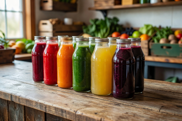 Assorted colorful cold-pressed juices lined up on a wooden counter