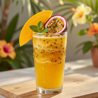 Bright mango passion fruit juice with tropical fruit garnish