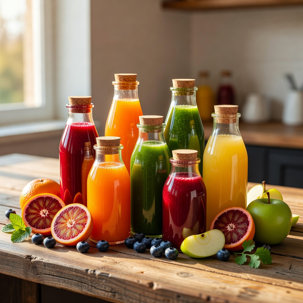 Colorful cold-pressed juices in glass bottles arranged on a sunlit counter with fresh fruits