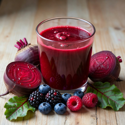 Deep red beet berry juice with fresh beets and mixed berries