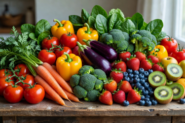 Fresh colorful vegetables and fruits arranged in a healthy eating display