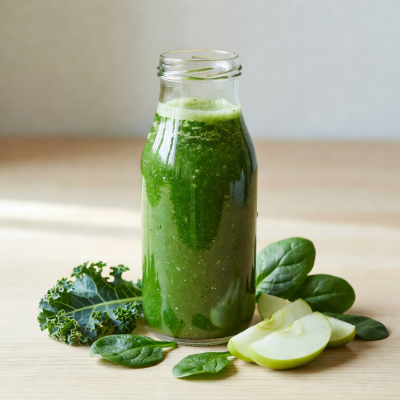 Fresh green detox juice with kale spinach and apple in a glass bottle