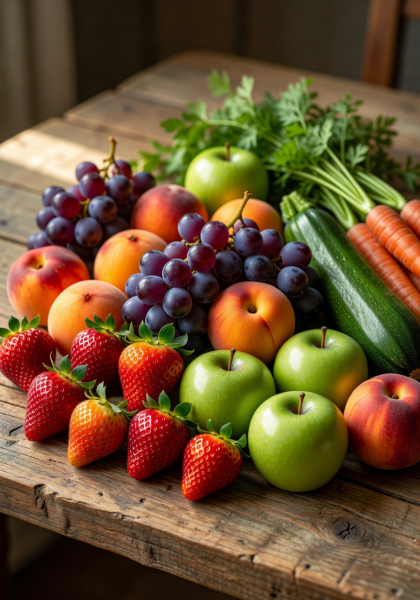 Fresh organic fruits and vegetables arranged beautifully on a wooden surface