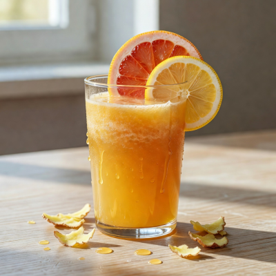 Golden grapefruit and ginger juice in a glass with citrus slices