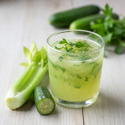 Light green celery cucumber juice with fresh herbs