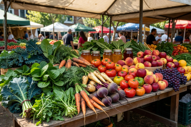 Local farmers market with fresh organic produce displayed on tables