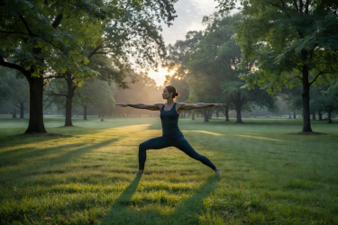 Person practicing yoga outdoors in a park at sunrise