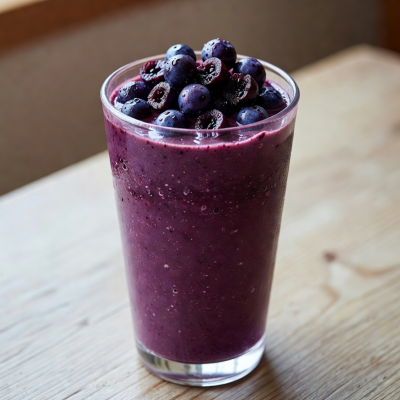 Purple acai berry smoothie juice in a glass with berries on top