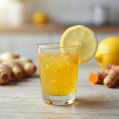 Small wellness shot glass with ginger turmeric and lemon