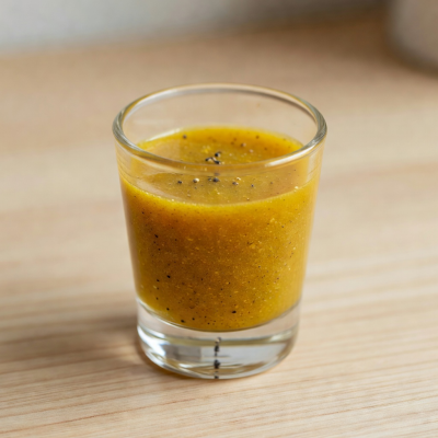 Small wellness shot glass with turmeric and black pepper