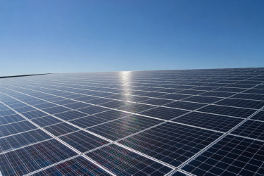 Solar panels glistening in bright sunlight on a clear day