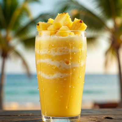 Tropical yellow pineapple coconut juice with fresh pineapple chunks