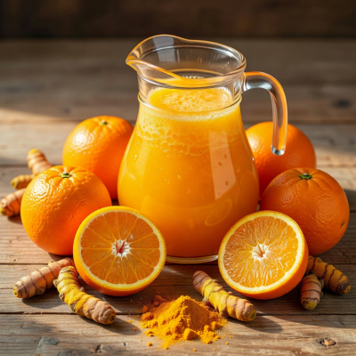 Vibrant orange citrus juice with fresh oranges and turmeric